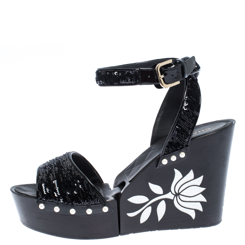 

Chanel Black Pearl Embellished Sequins Floral Platform Wedge Sandals Size