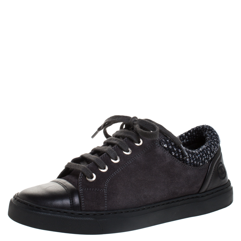 Pre-owned Chanel Black/grey Suede, Leather And Tweed Trimmed Cap Toe Cc Sneakers Size 37.5
