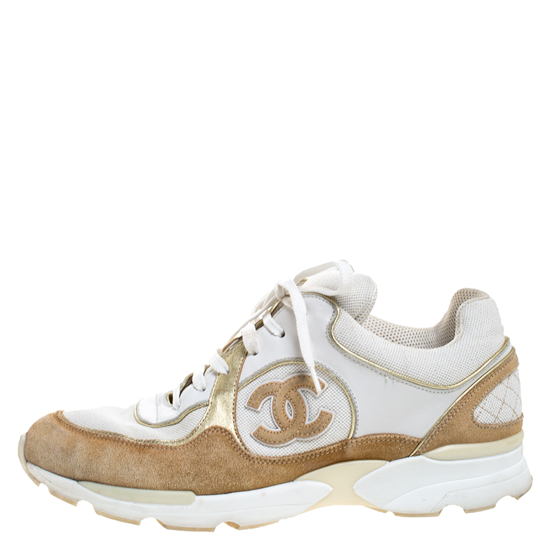 

Chanel White/Beige Leather, Suede and Canvas CC Logo Lace Up Sneakers Size