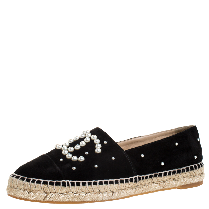 Chanel Black Suede Leather Pearl Embellished Espadrille Flats Size 40 Chanel  | TLC