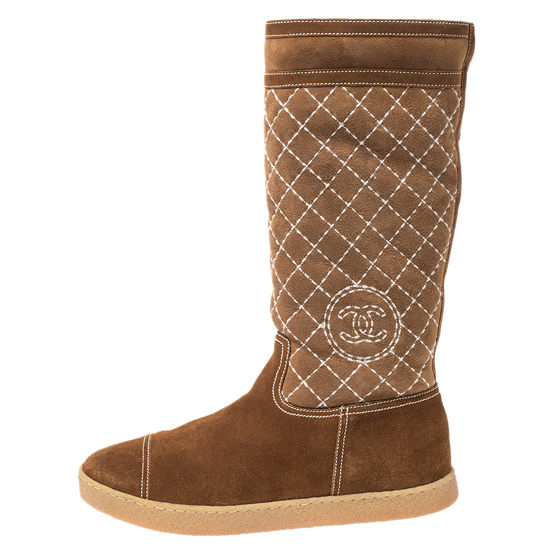 

Chanel Brown Quilted Suede Mid Calf Boots Size