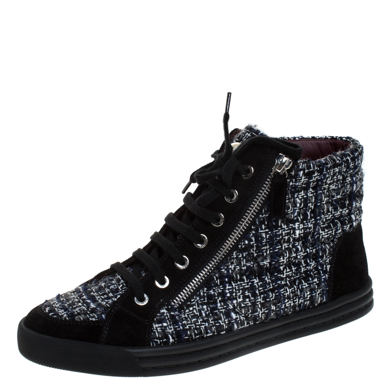 Chanel Black Tweed Fabric And Suede Leather Double Zipper High Top Sneakers Size 39