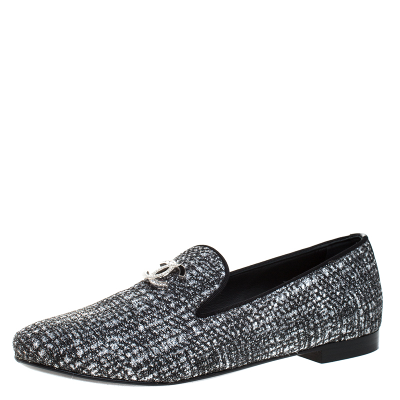 Pre Owned Chanel Black/Silver Glitter Fabric CC Loafer Ballet Flats Size 36