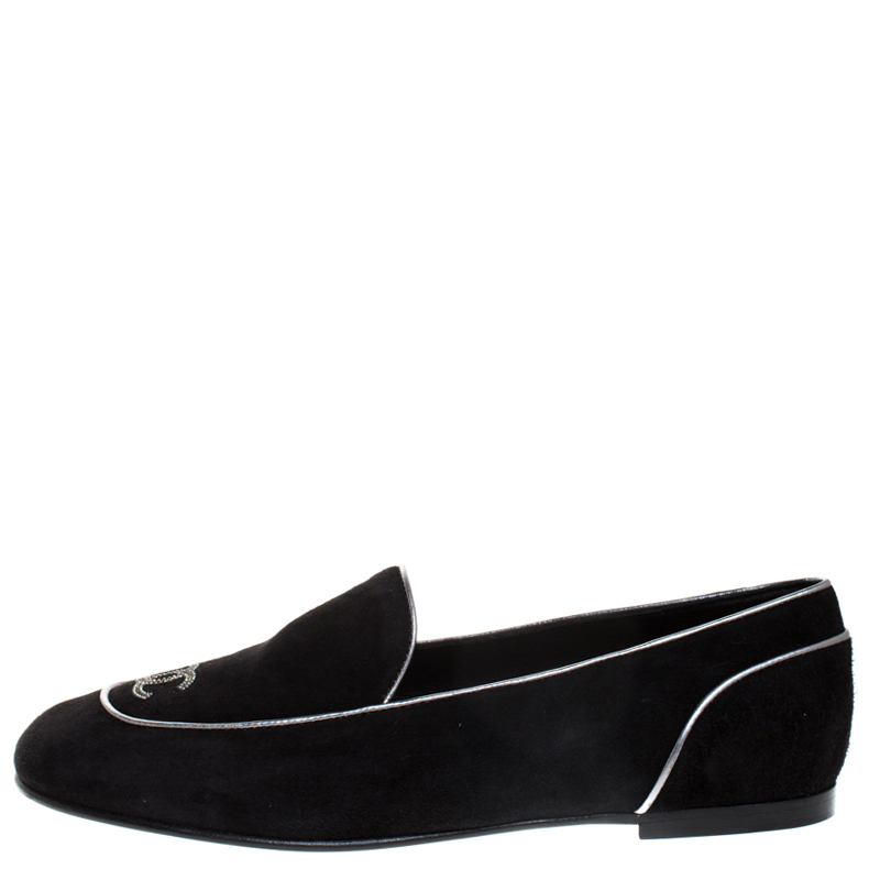 

Chanel Black Suede CC Embellished Smoking Slippers Size