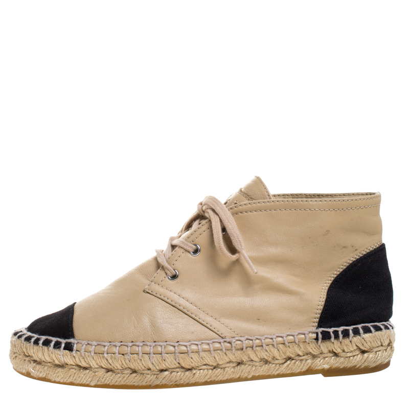 

Chanel Beige Leather And Black Canvas Cap Toe High Top Espadrille Flats Size