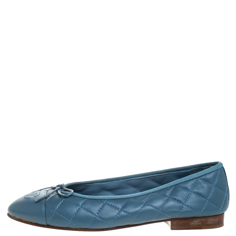 

Chanel Blue Quilted Leather Bow CC Cap Toe Ballet Flats Size