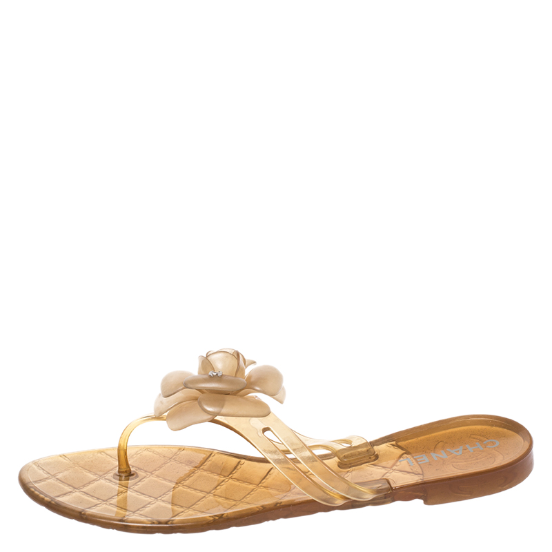 

Chanel Light Yellow Jelly Camellia Thong Flat Sandals Size