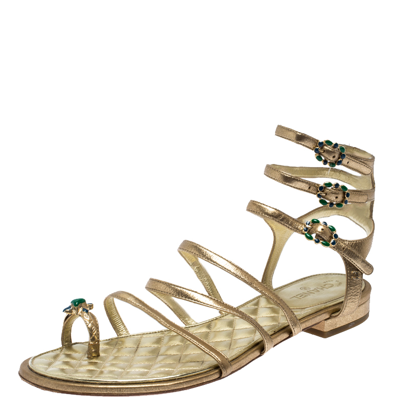Chanel Gold Leather Embellished Toe Ring Gladiator Flat Sandals Size 39