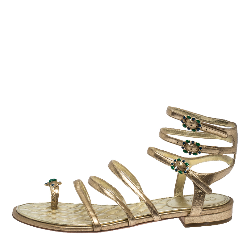 

Chanel Gold Leather Embellished Toe Ring Gladiator Flat Sandals Size