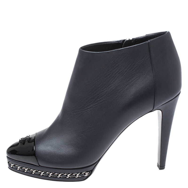 

Chanel Black CC Cap Toe Leather Chain Platform Ankle Boots Size