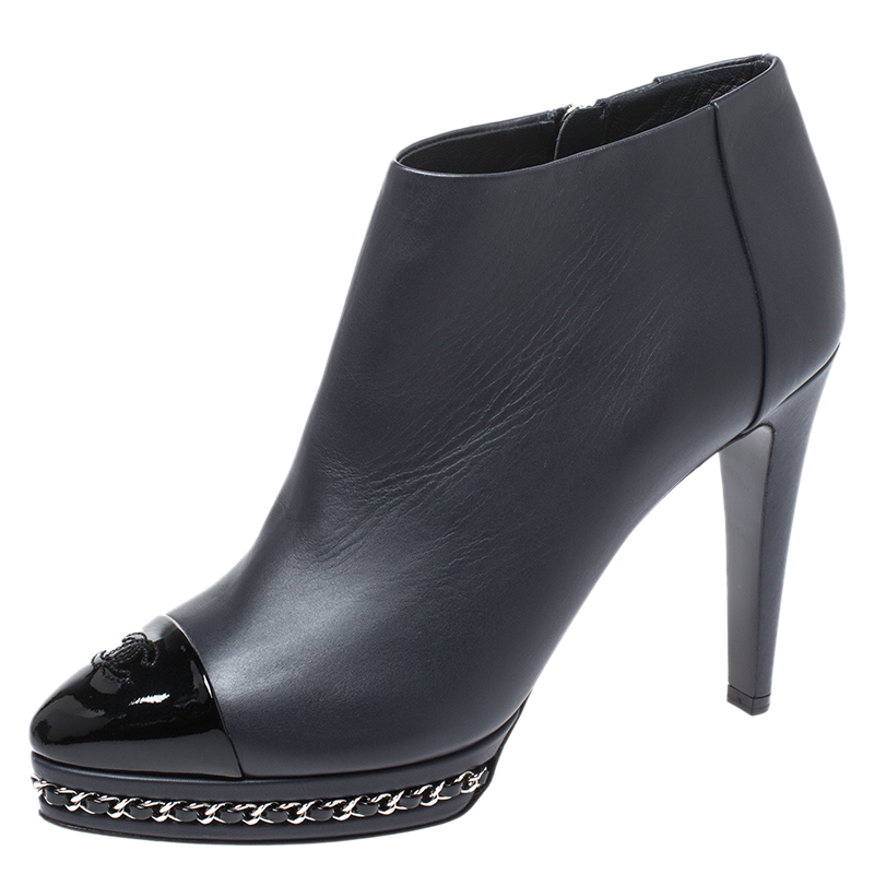 Chanel Black CC Cap Toe Leather Chain Platform Ankle Boots Size 39.5