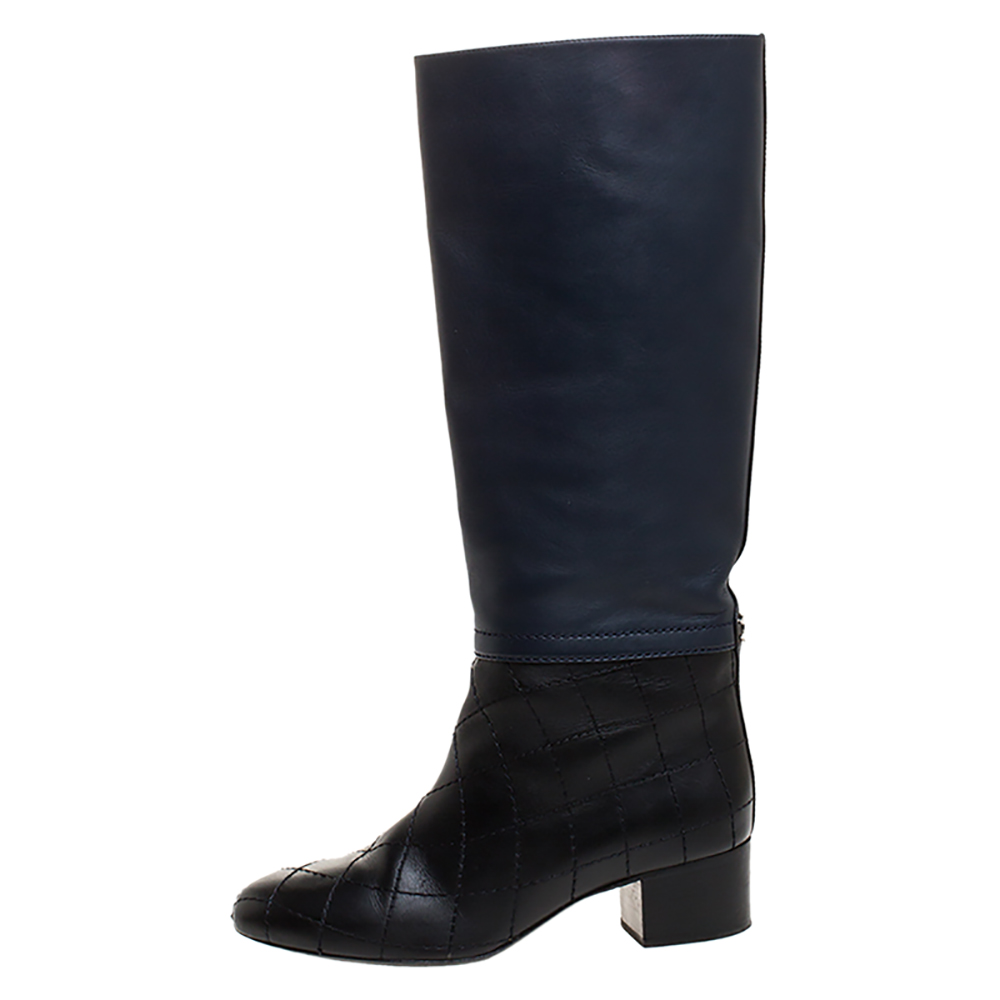 

Chanel Navy Blue/Black Quilted Leather Knee Length Boots Size