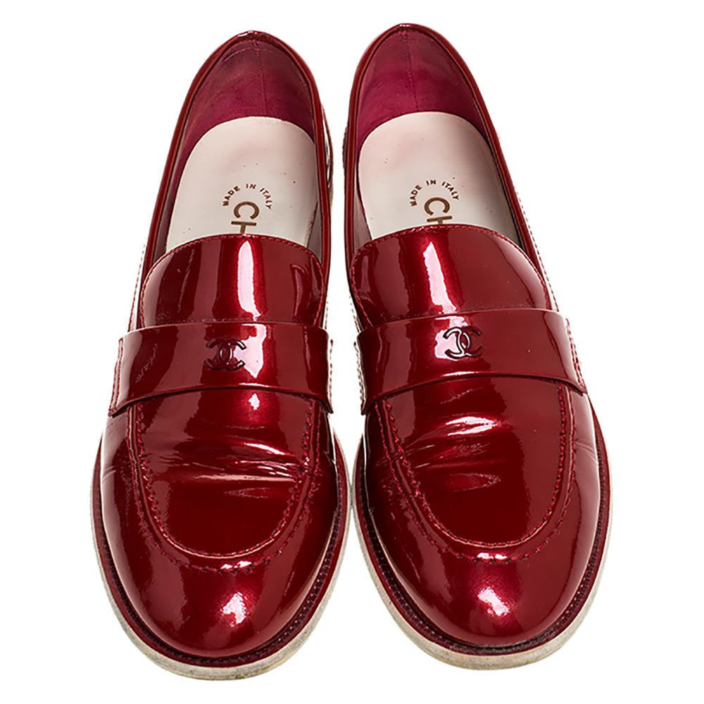 Chanel Red Patent Leather CC Slip On Loafers Size 38 Chanel | TLC