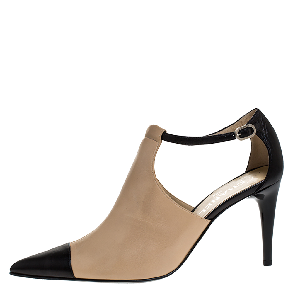 

Chanel Black/Beige Leather CC Cap Toe Ankle Strap Booties Size
