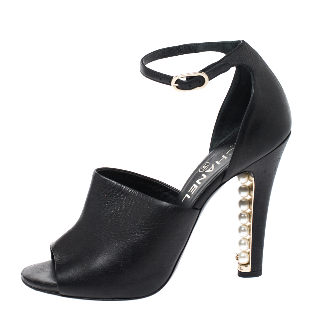

Chanel Black Leather Pearl Embellished Heel Ankle Strap Sandals Size