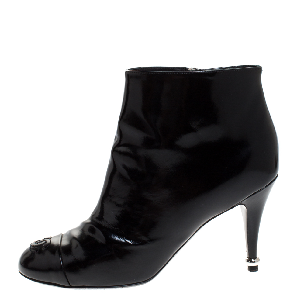 

Chanel Black Patent Leather Cap Toe CC Ankle Boots Size