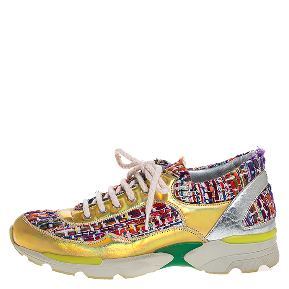 

Chanel Multicolor Tweed Fabric And Holographic Leather CC Lace Up Sneakers Size