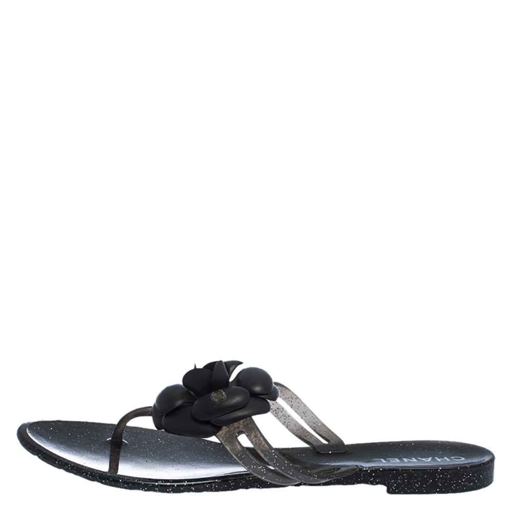 

Chanel Grey Glitter Jelly And Black Camellia CC Thong Sandals Size