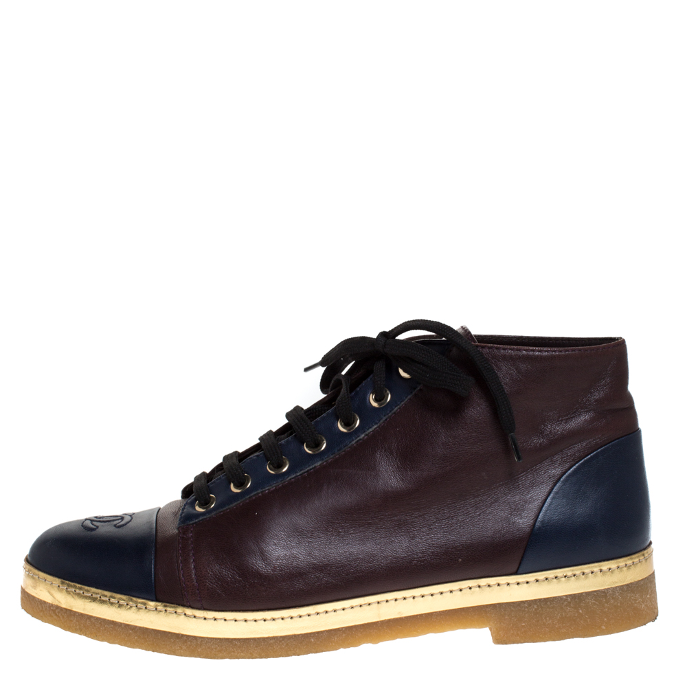

Chanel Burgundy/Blue Leather CC Cap Toe High Top Sneakers Size