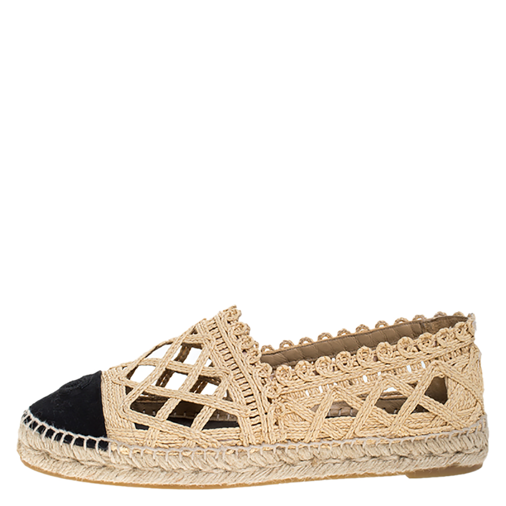 

Chanel Black Jute And Canvas CC Cap Toe Espadrilles Flats Size, Beige