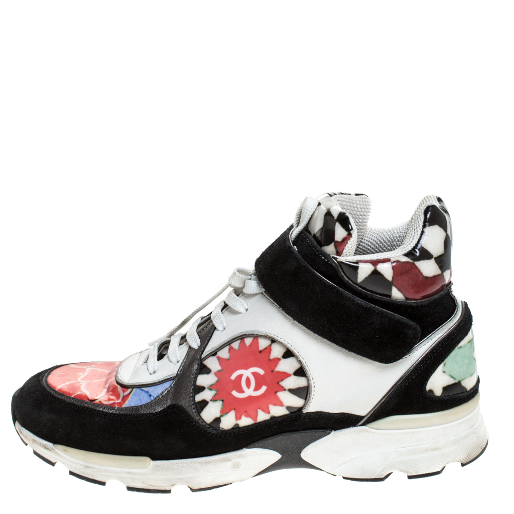 

Chanel Multicolor Printed PVC and Leather CC Strap High Top Sneakers Size