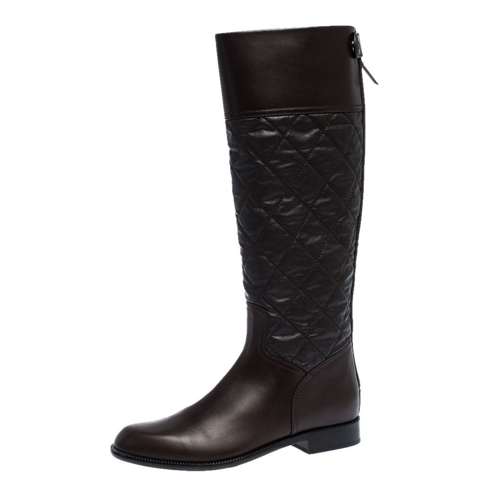 Chanel Dark Brown Quilted Fabric And Leather CC Knee Length Boots Size 40.5