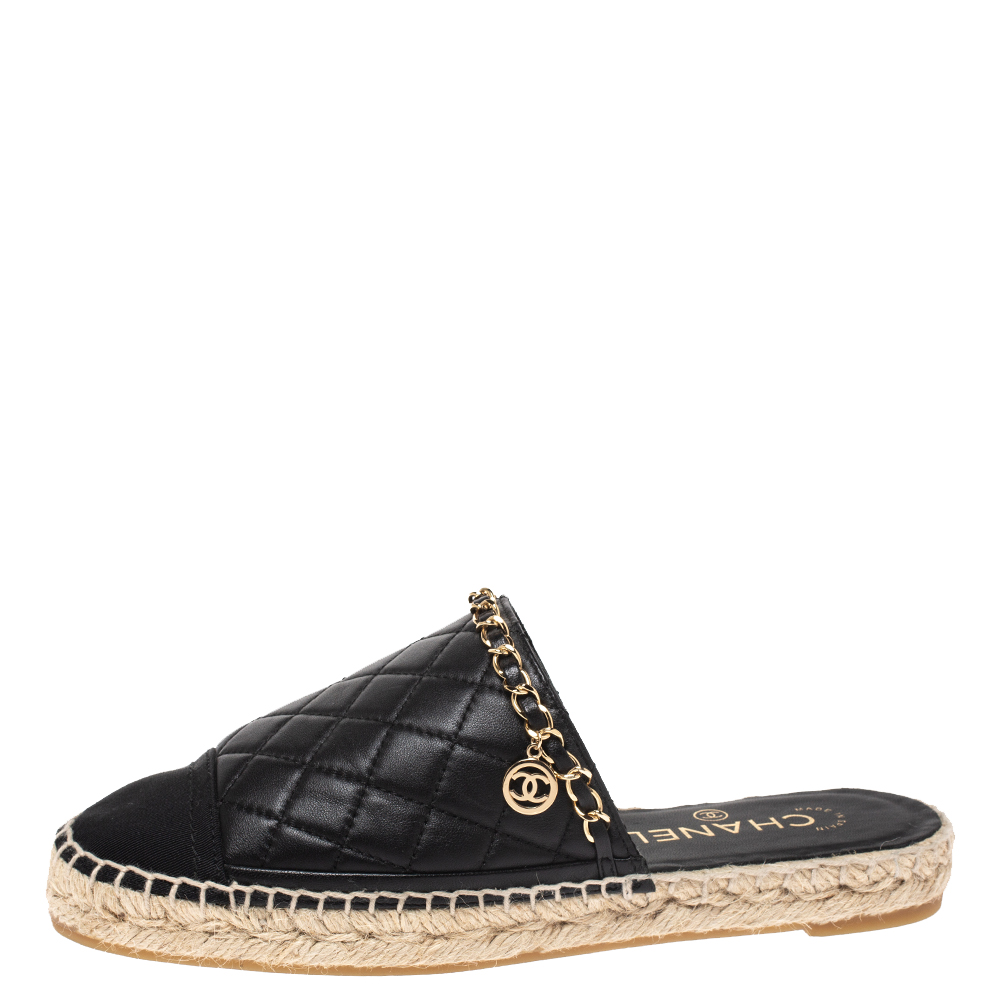

Chanel Black Quilted Leather Cap Toe Chain Espadrille Mules Size