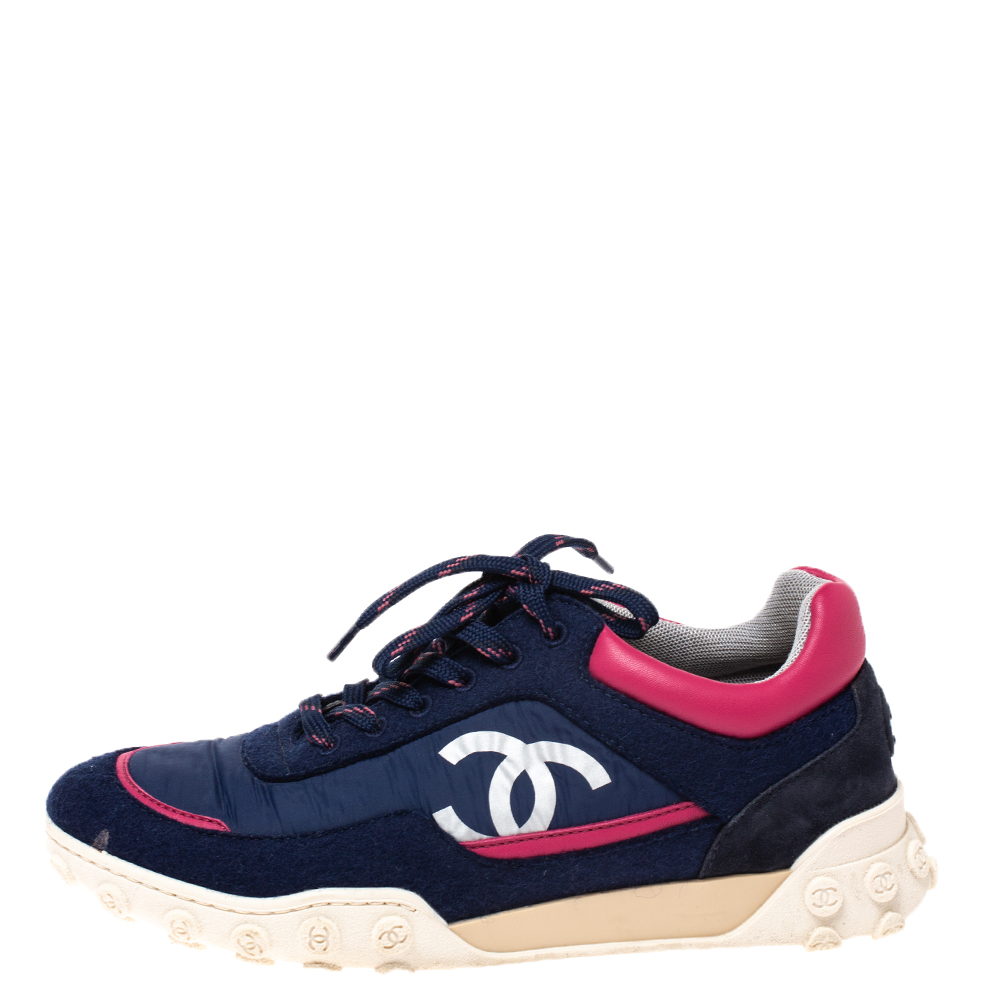 

Chanel Blue/Pink Nylon and Wool Logo Letter Low Top Sneakers Size