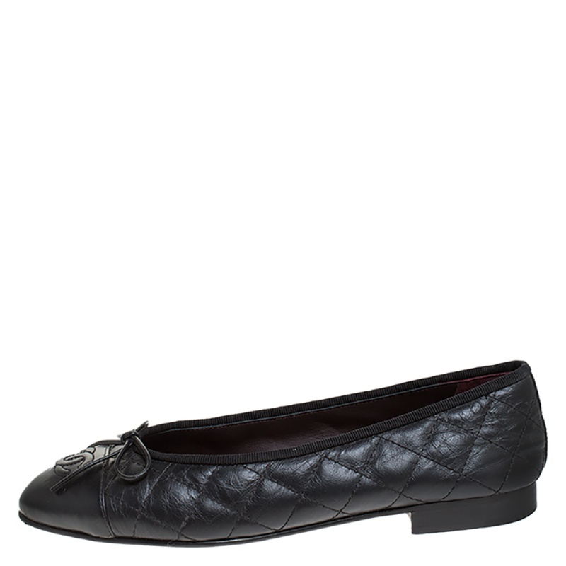 

Chanel Black Quilted Leather CC Bow Cap Toe Ballet Flats Size