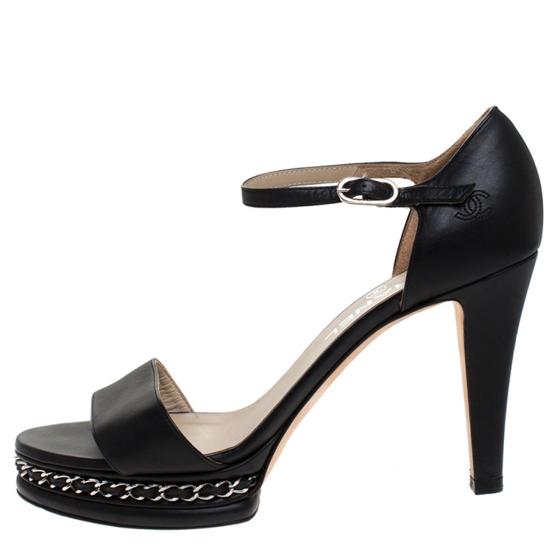 

Chanel Black Leather Ankle Strap Chain Sandals Size