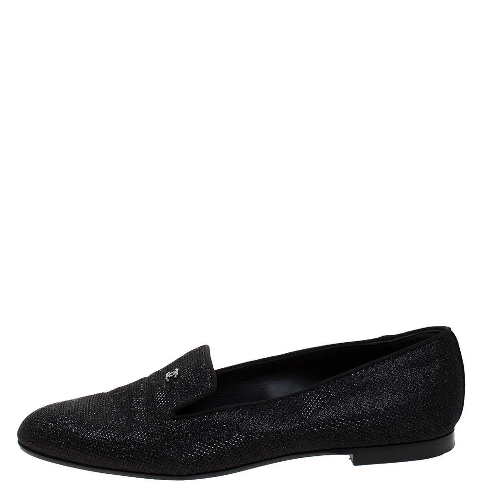 

Chanel Black Shimmering Nylon Mesh CC Slip On Flats Size