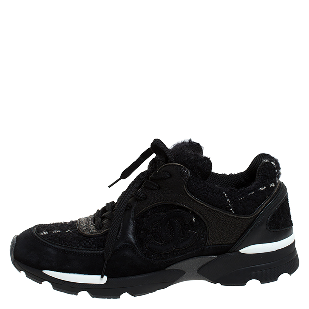 

Chanel Black Tweed Fabric and Suede CC Lace Up Sneakers Size