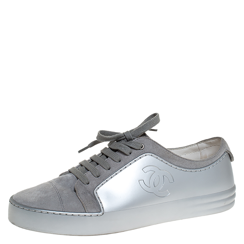 Chanel Grey/Silver Suede And Rubber CC Cap Toe Lace Up Sneakers Size 40