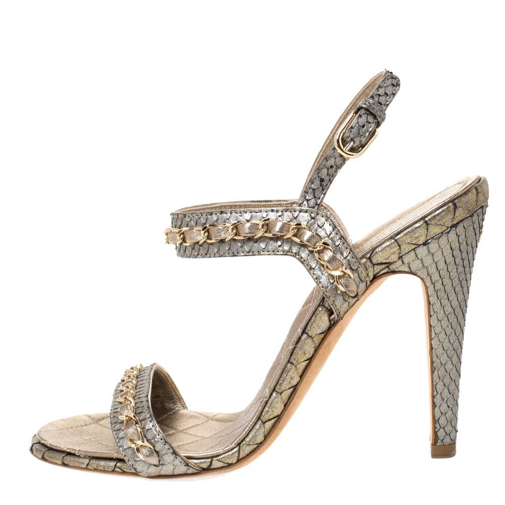 

Chanel Metallic Gold/Grey Chain Embellished Slingback Sandals Size