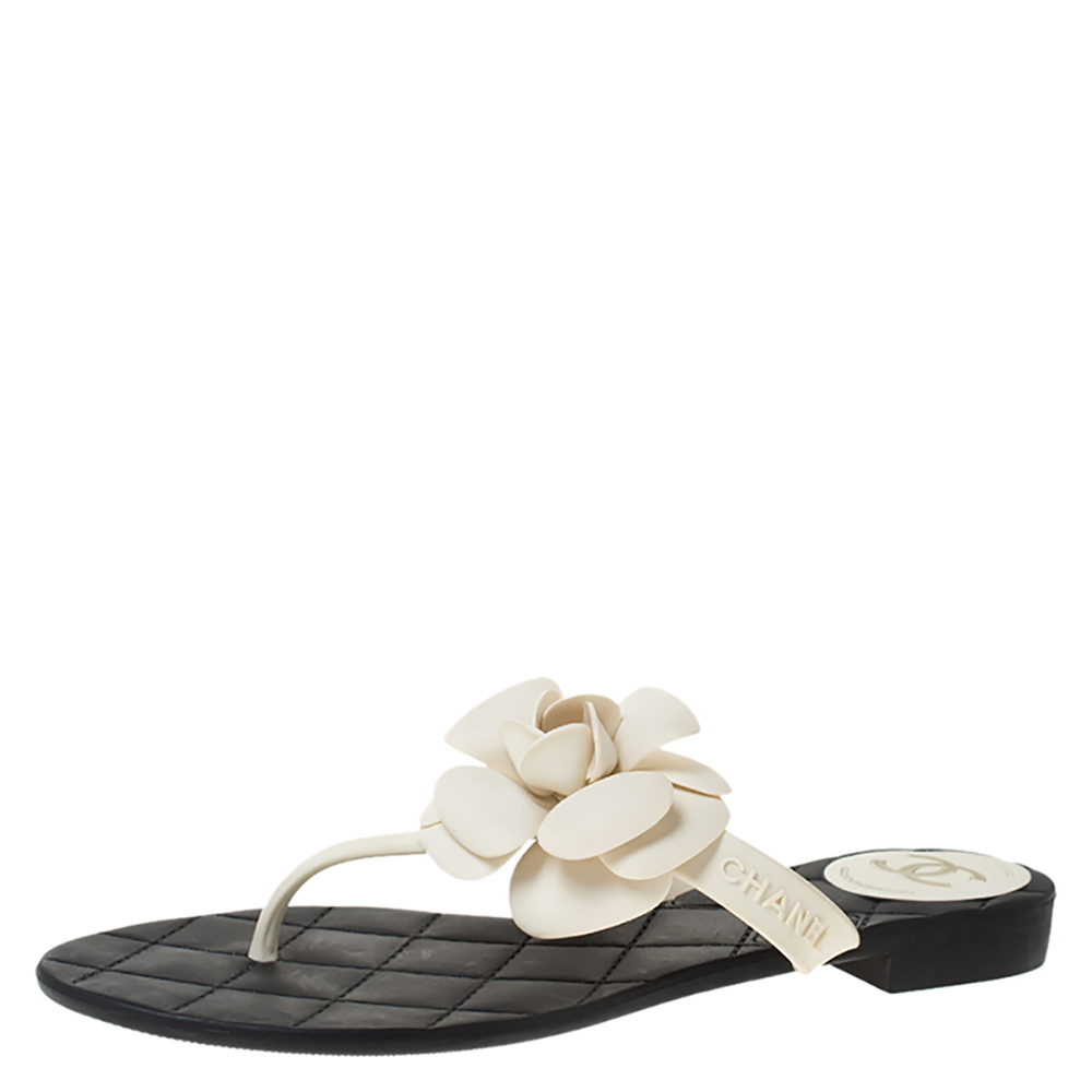 Chanel White Rubber Camellia CC Thong Sandals Size 39 Chanel | TLC