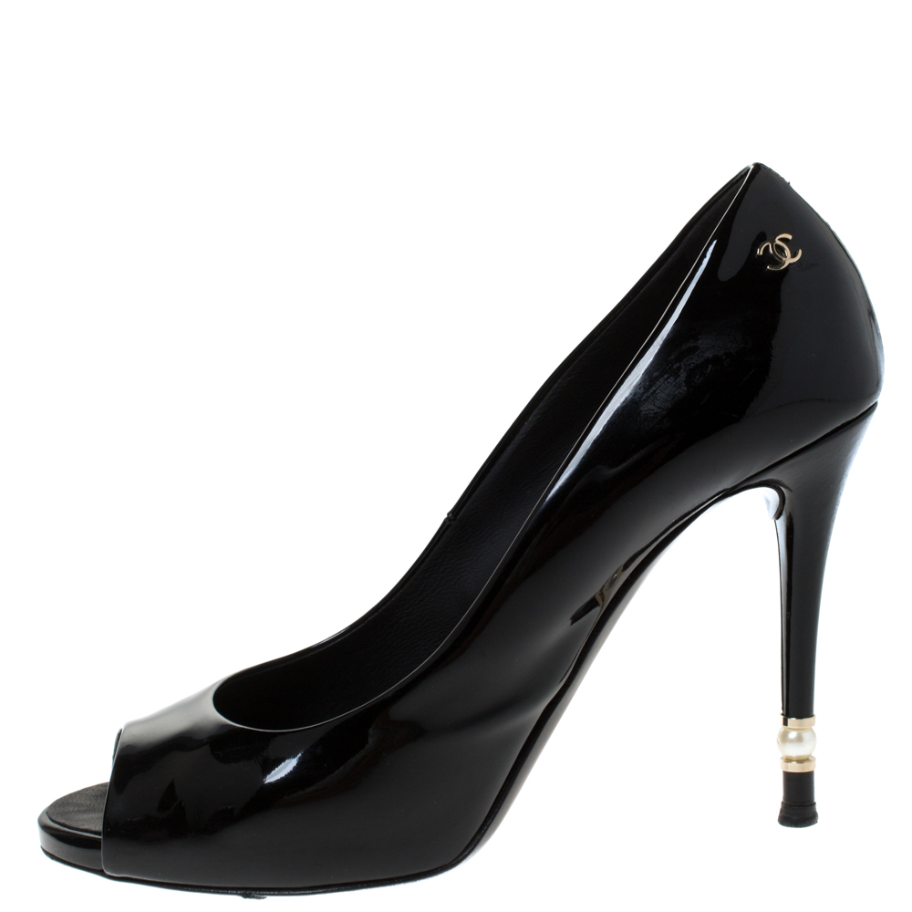 

Chanel Black Patent Leather Peep Toe Pumps Size