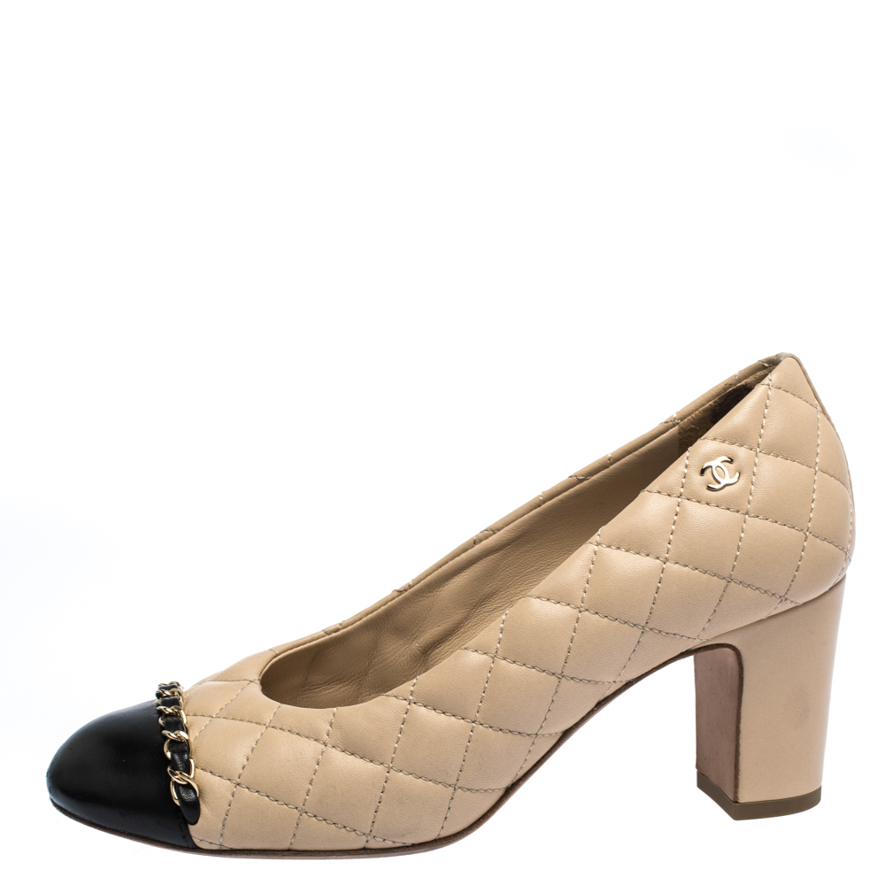 

Chanel Beige/Black Quilted Leather Chain Detail Block Heel Pumps Size