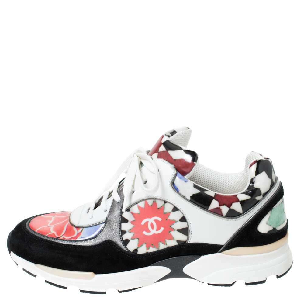 

Chanel Multicolor Printed Leather and Suede CC Sneakers Size