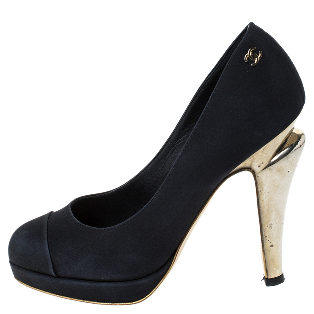 

Chanel Black Satin Cap Toe Metal Heel Platform Pumps Size