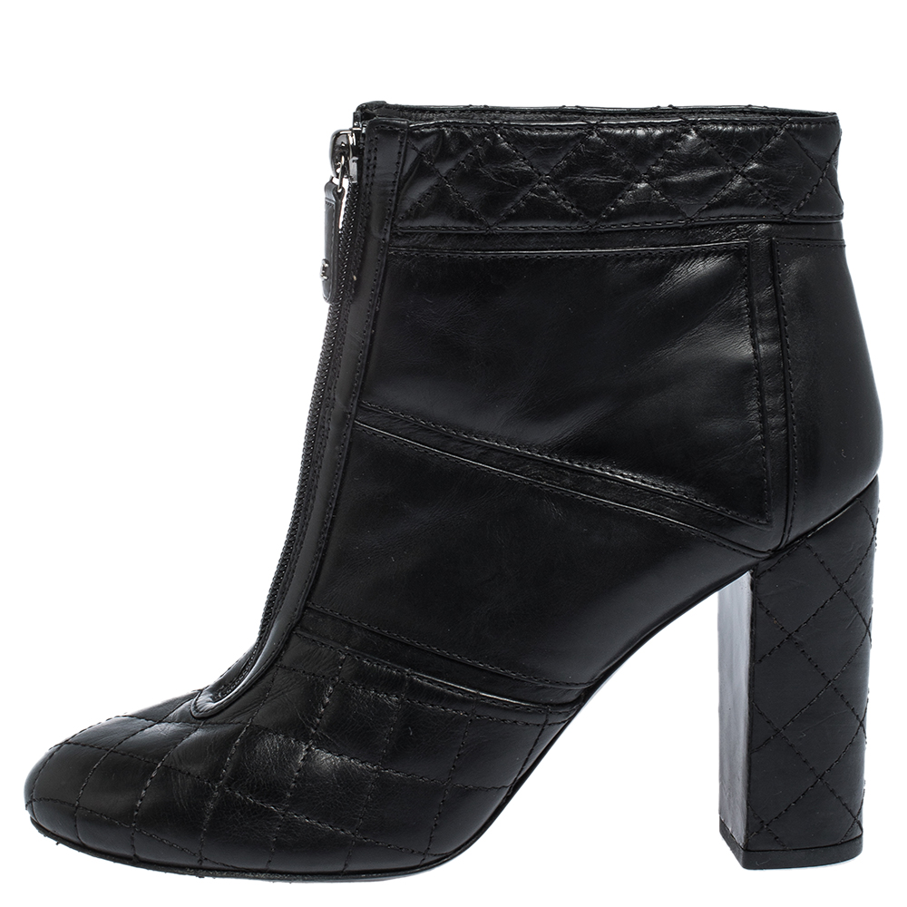 

Chanel Black Quilted Leather Front Zip Ankle Boots Size