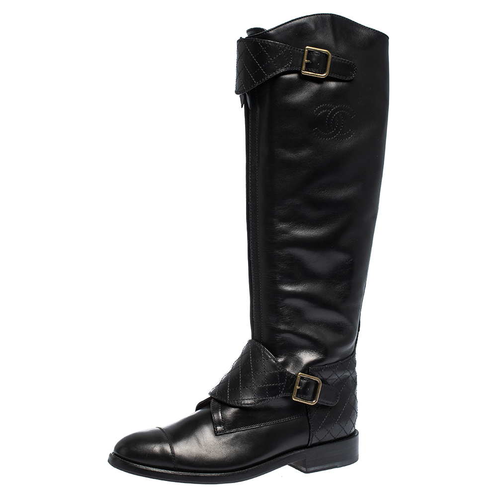 Chanel Black Leather Quilt Detail CC Knee Length Boots Size 39.5