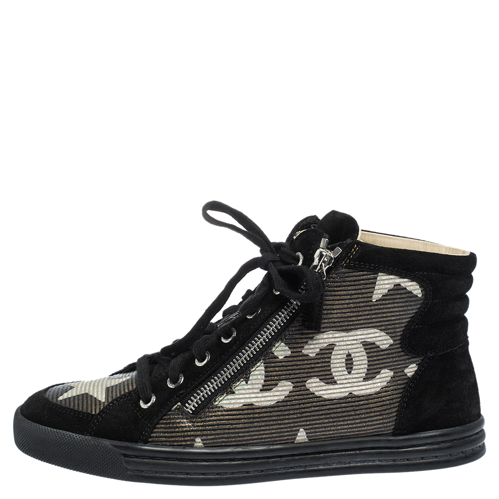 

Chanel Black/Grey Suede And Leather CC Double Zip Accent High Top Sneakers Size