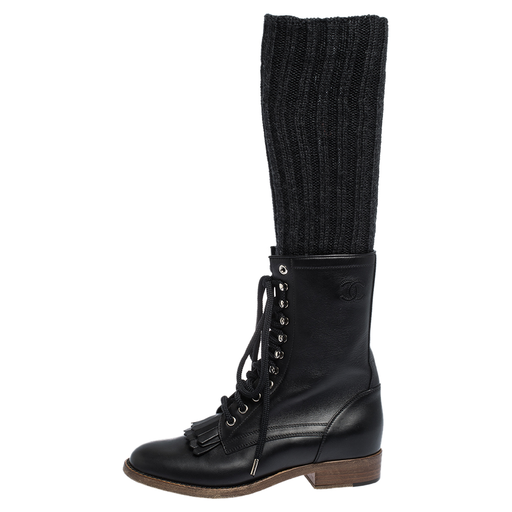 

Chanel Black Leather And Knit Fabric Sock Combat Boots Size