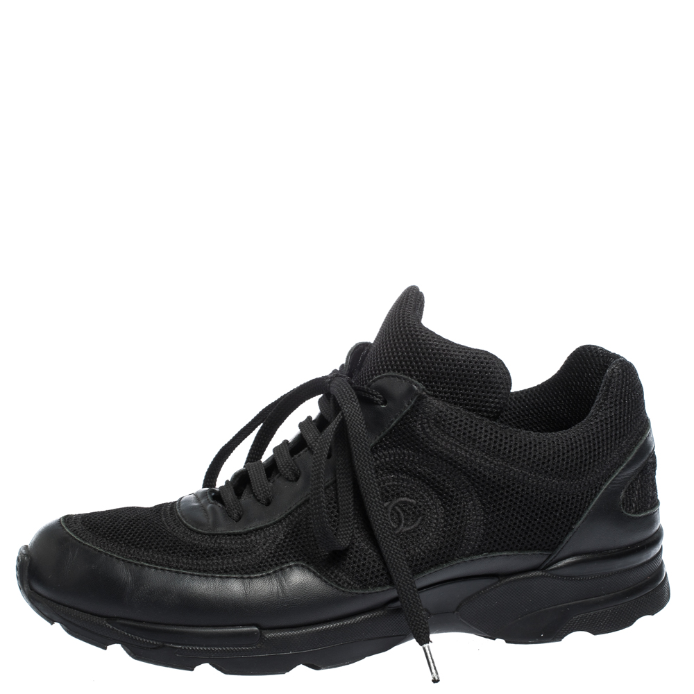 

Chanel Black Leather And Mesh CC Lace Up Sneakers Size