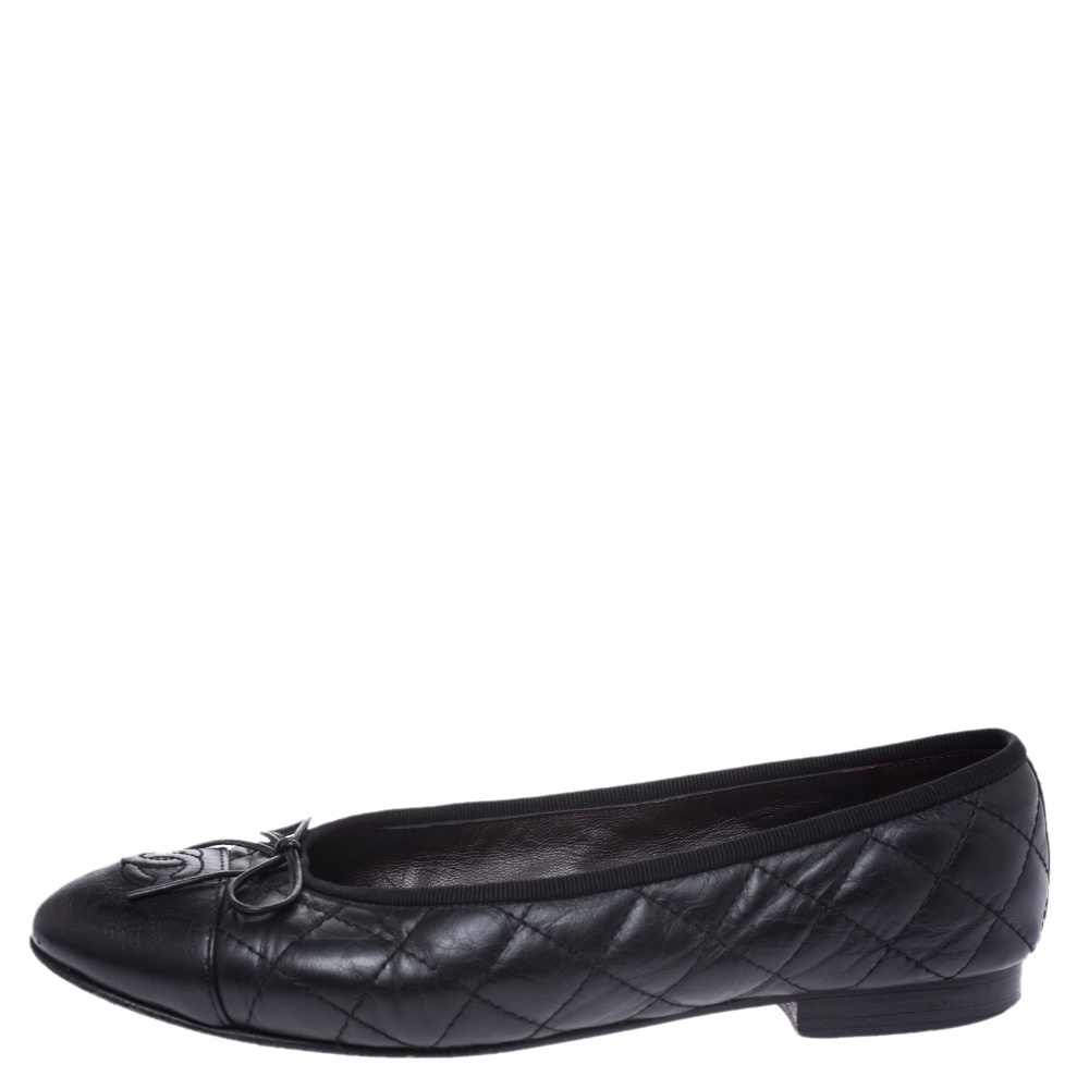 

Chanel Black Quilted Leather CC Bow Cap Toe Ballet Flats Size