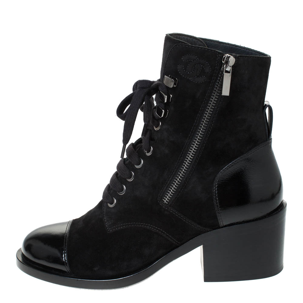 

Chanel Black Suede and Leather CC Lace Up Ankle Boots Size