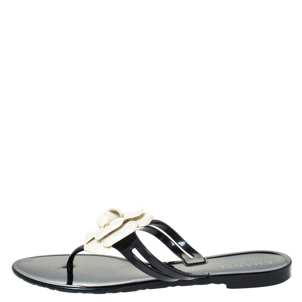 

Chanel Black and White Jelly Camellia Thong Sandals Size