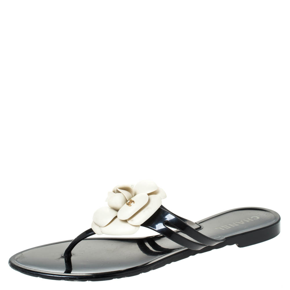 Chanel Black and White Jelly Camellia Thong Sandals Size 39