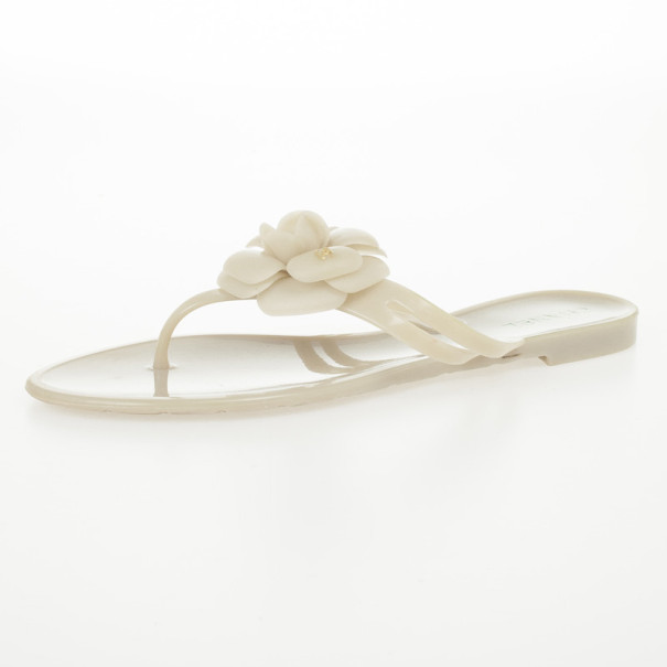 Chanel Cream Jelly CC Camellia Flower Thong Sandals Size 42 Chanel