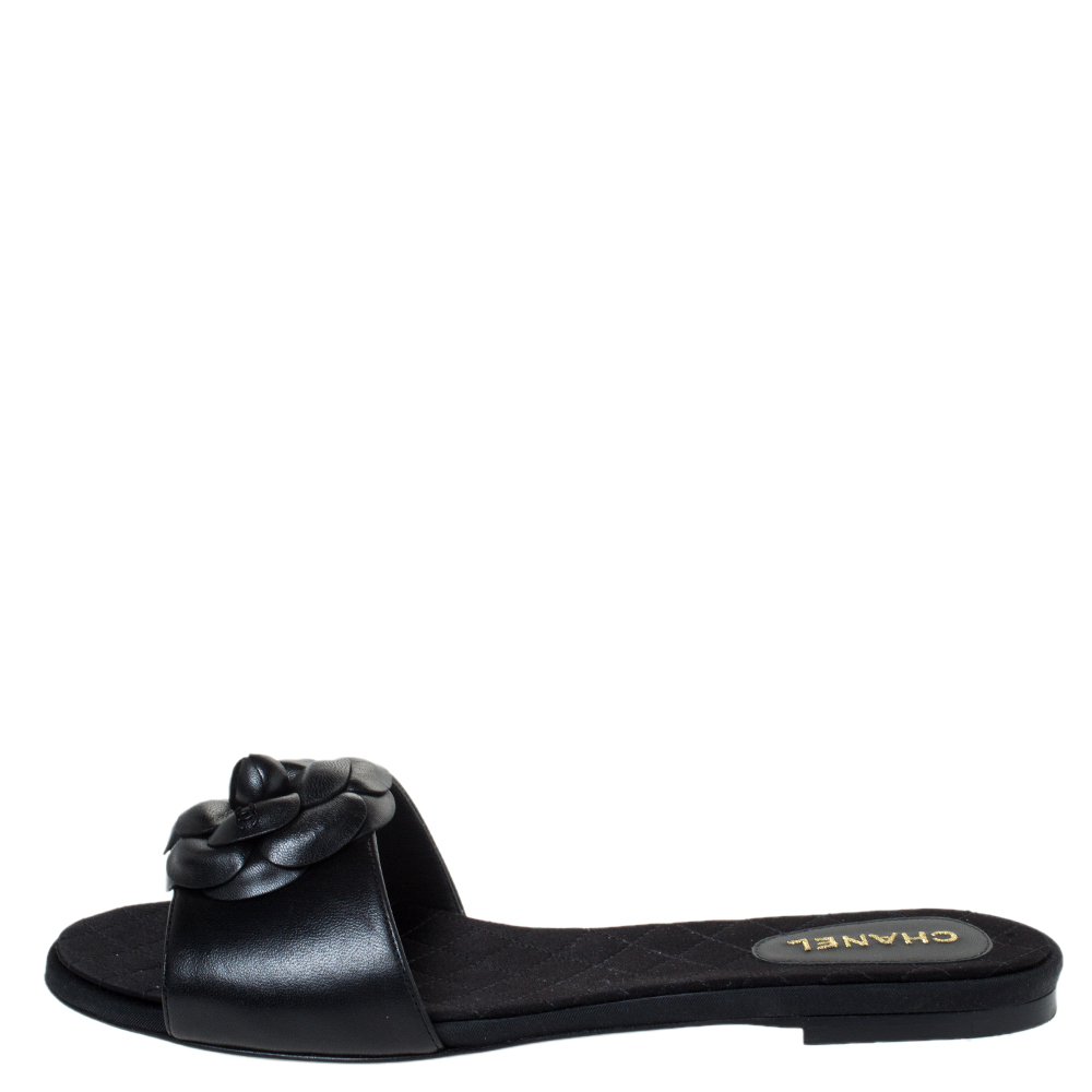 

Chanel Black Leather Camellia Embellished CC Flat Slides Size